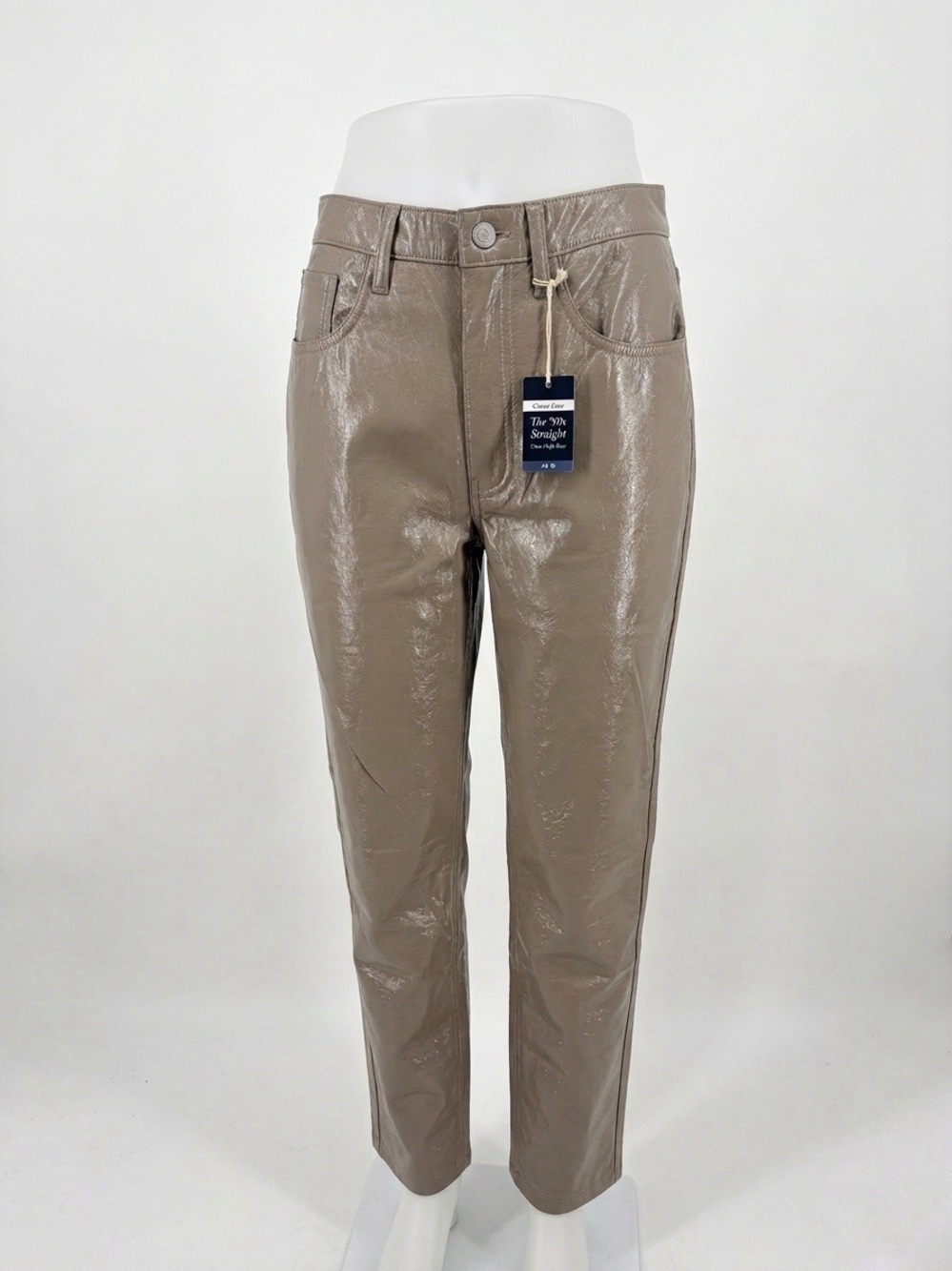 NWT Abercrombie & Fitch Vegan Patent Leather Straight Leg Pants Taupe Beige